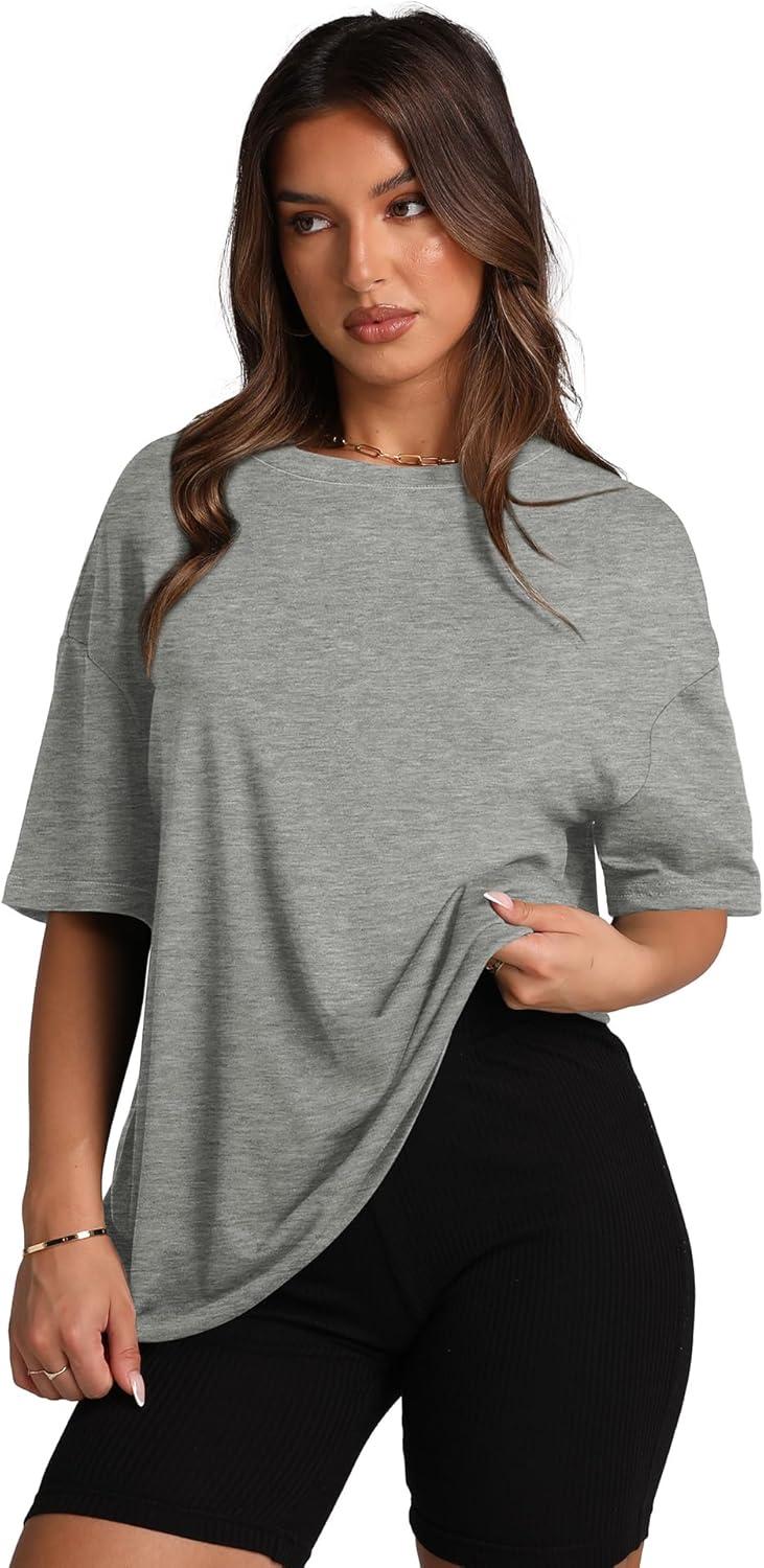 imageOversized T Shirts for Women Summer Crewneck Short Sleeve Basic Tops Loose FitCgrey