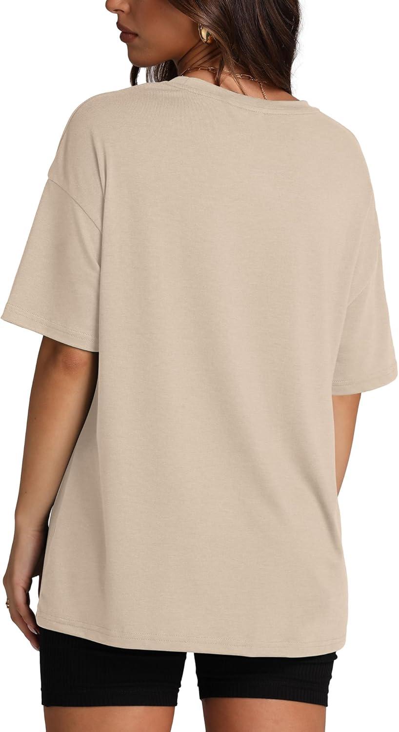 imageOversized T Shirts for Women Summer Crewneck Short Sleeve Basic Tops Loose FitDkhaki