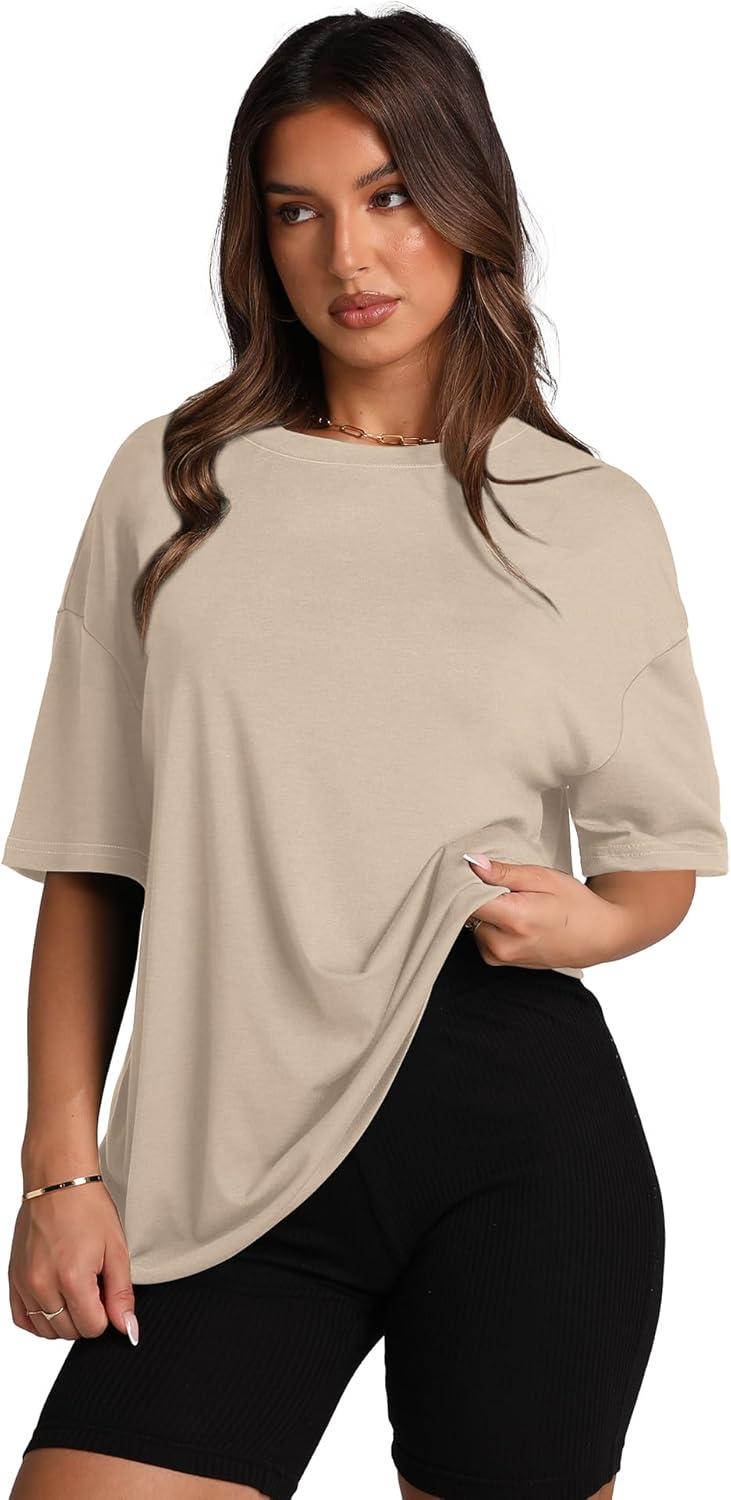 imageOversized T Shirts for Women Summer Crewneck Short Sleeve Basic Tops Loose FitDkhaki