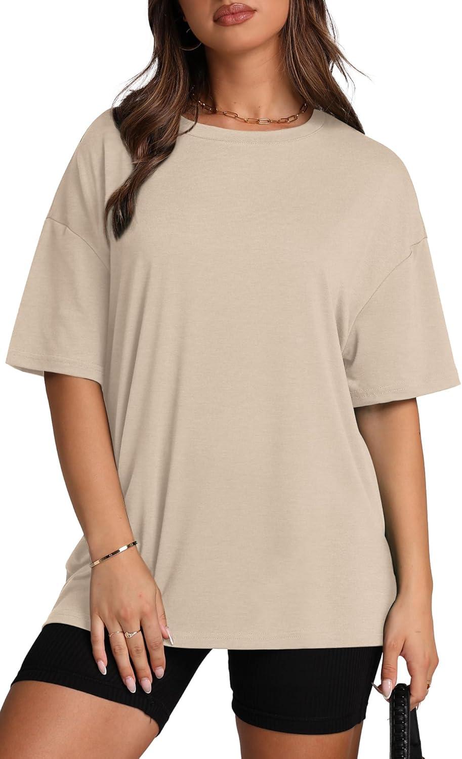 imageOversized T Shirts for Women Summer Crewneck Short Sleeve Basic Tops Loose FitDkhaki