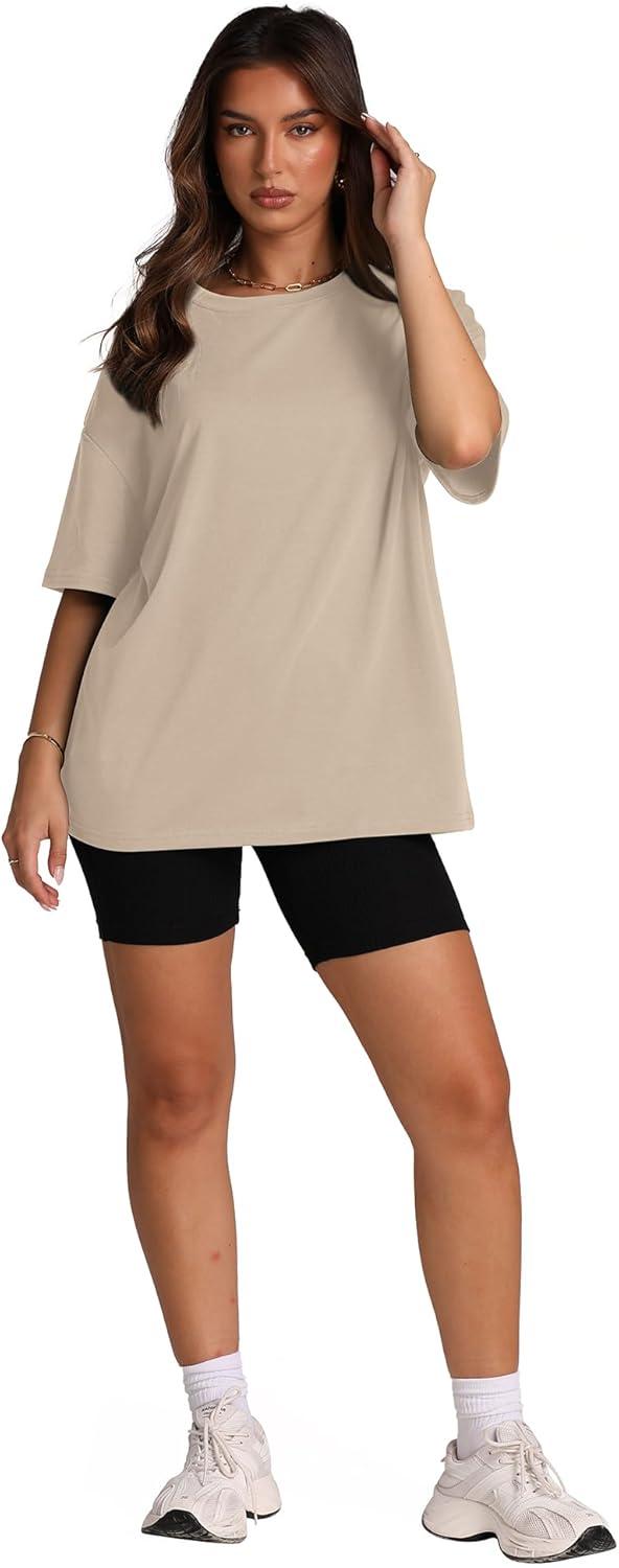 imageOversized T Shirts for Women Summer Crewneck Short Sleeve Basic Tops Loose FitDkhaki