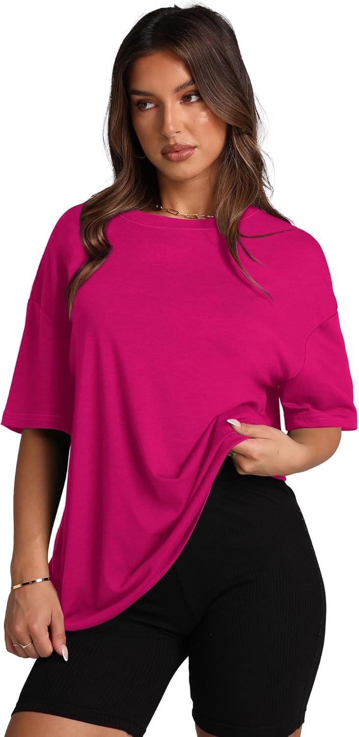 imageOversized T Shirts for Women Summer Crewneck Short Sleeve Basic Tops Loose FitFhot Pink