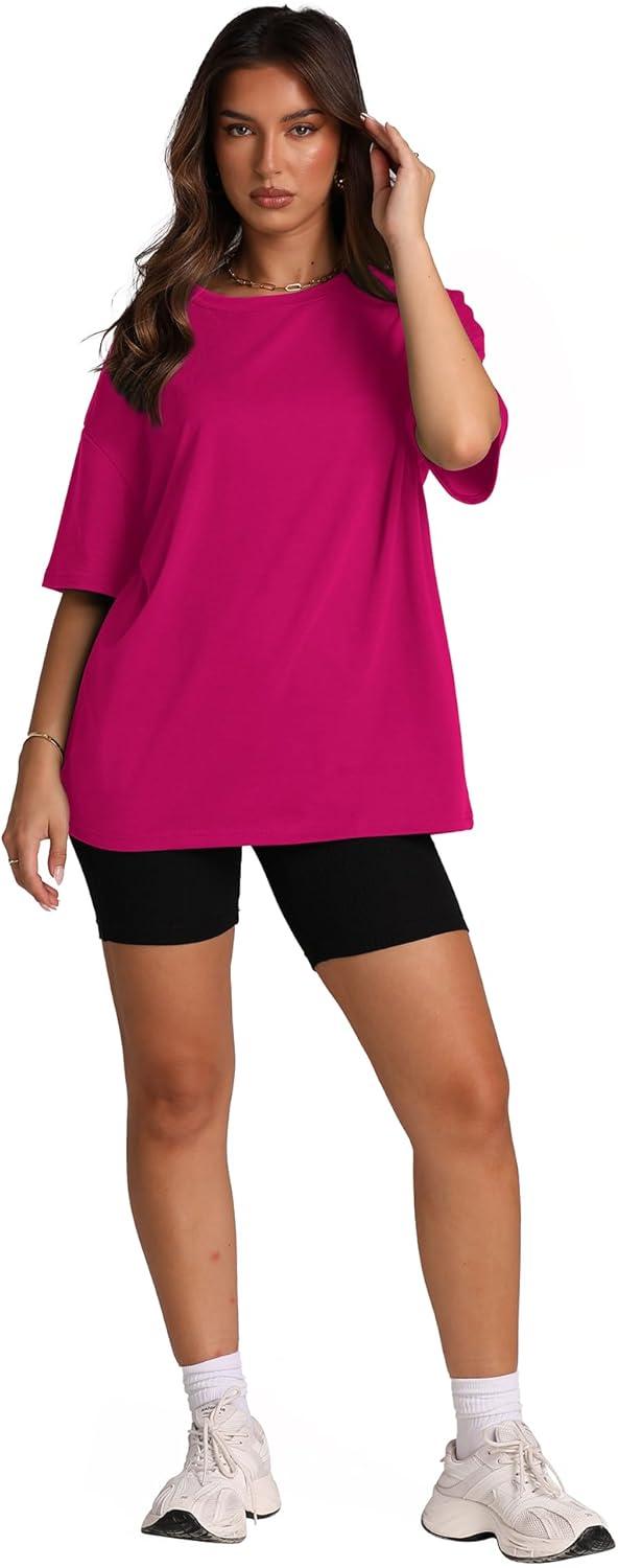 imageOversized T Shirts for Women Summer Crewneck Short Sleeve Basic Tops Loose FitFhot Pink