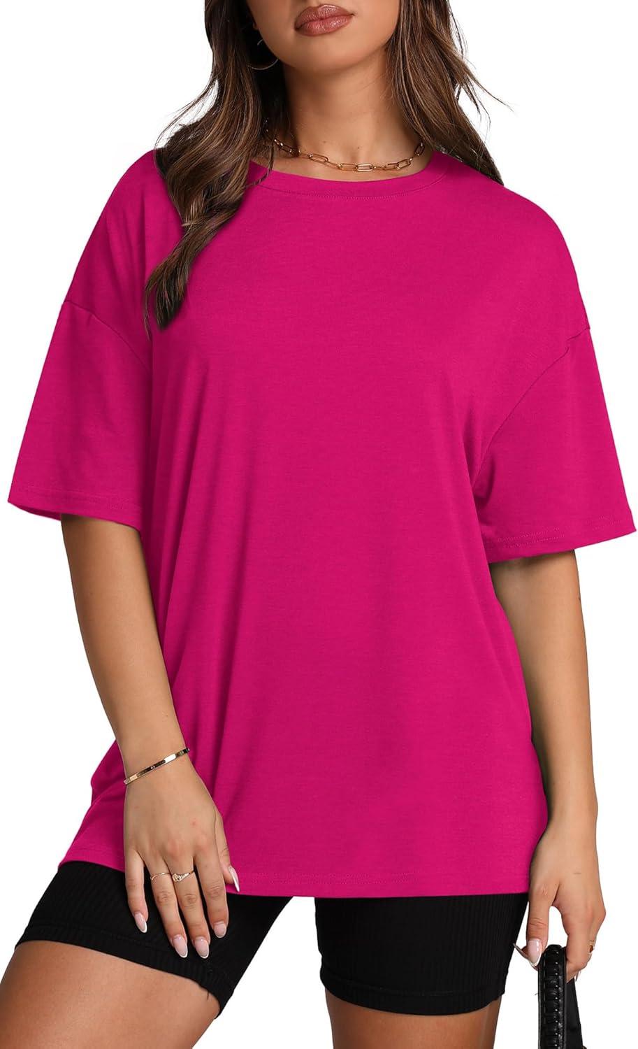 imageOversized T Shirts for Women Summer Crewneck Short Sleeve Basic Tops Loose FitFhot Pink