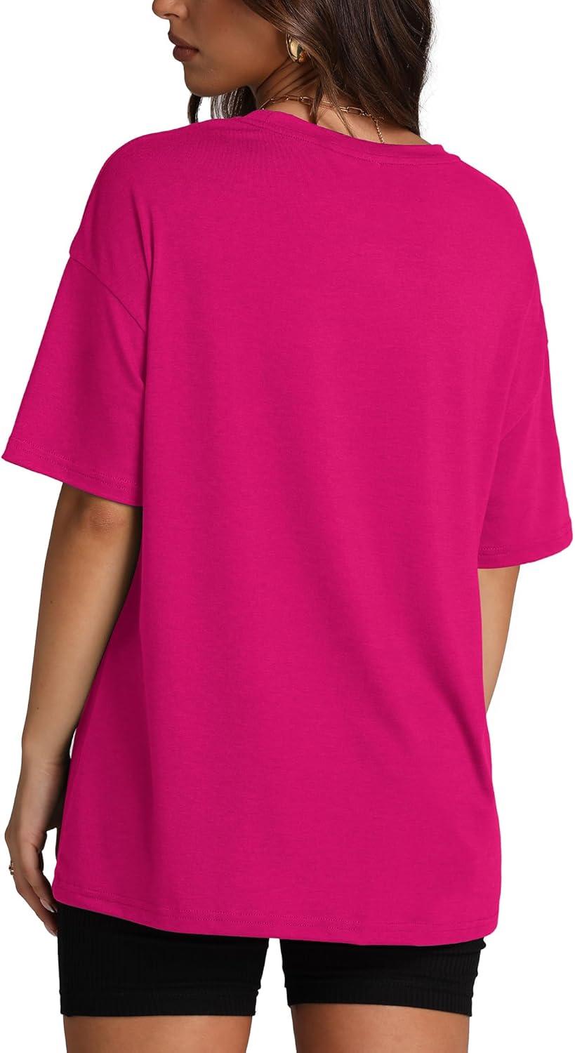 imageOversized T Shirts for Women Summer Crewneck Short Sleeve Basic Tops Loose FitFhot Pink