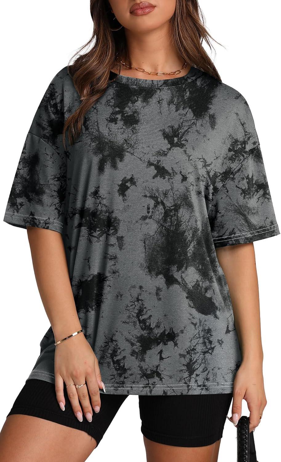 imageOversized T Shirts for Women Summer Crewneck Short Sleeve Basic Tops Loose FitGgrey Tie Dye