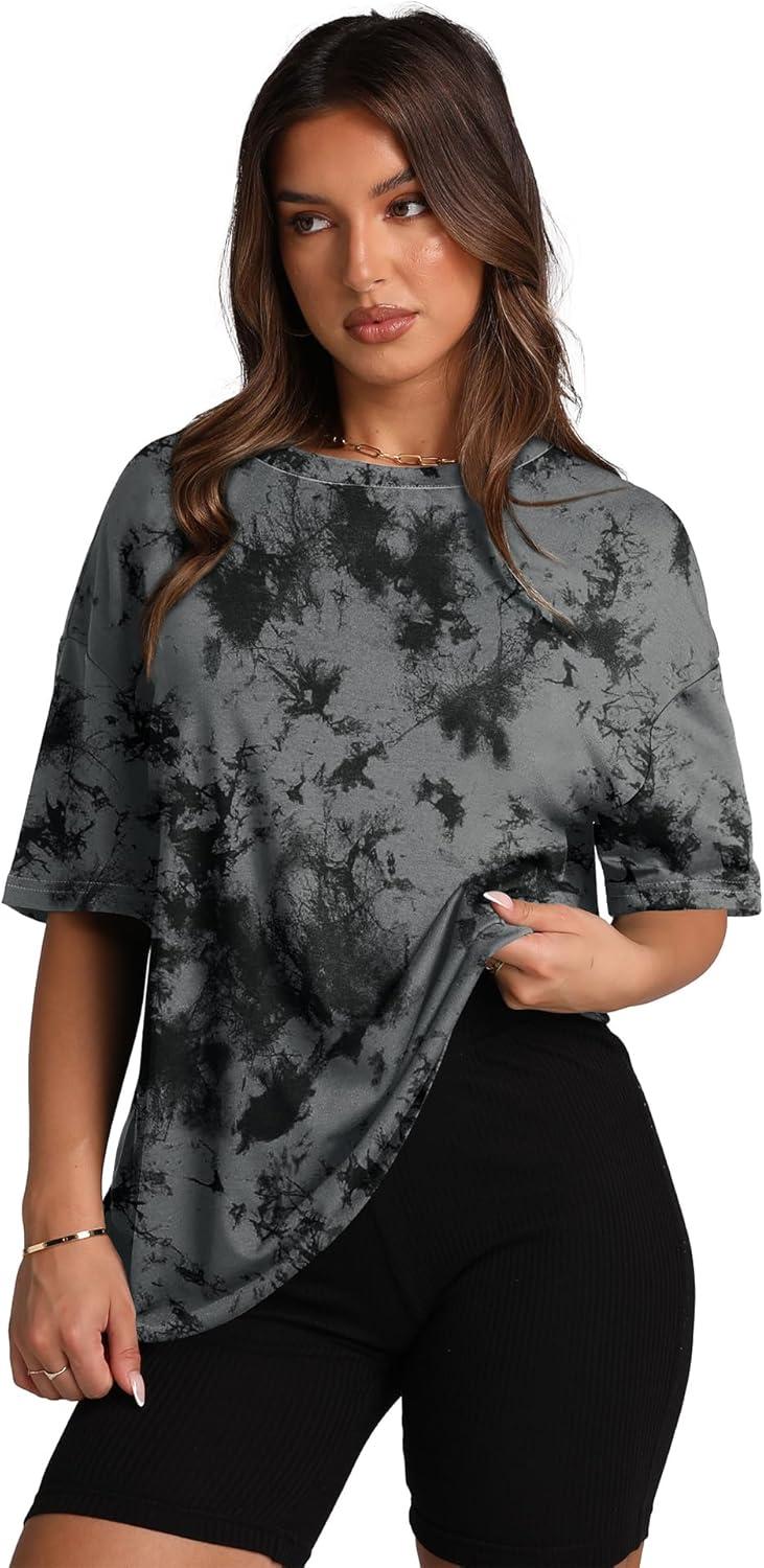 imageOversized T Shirts for Women Summer Crewneck Short Sleeve Basic Tops Loose FitGgrey Tie Dye