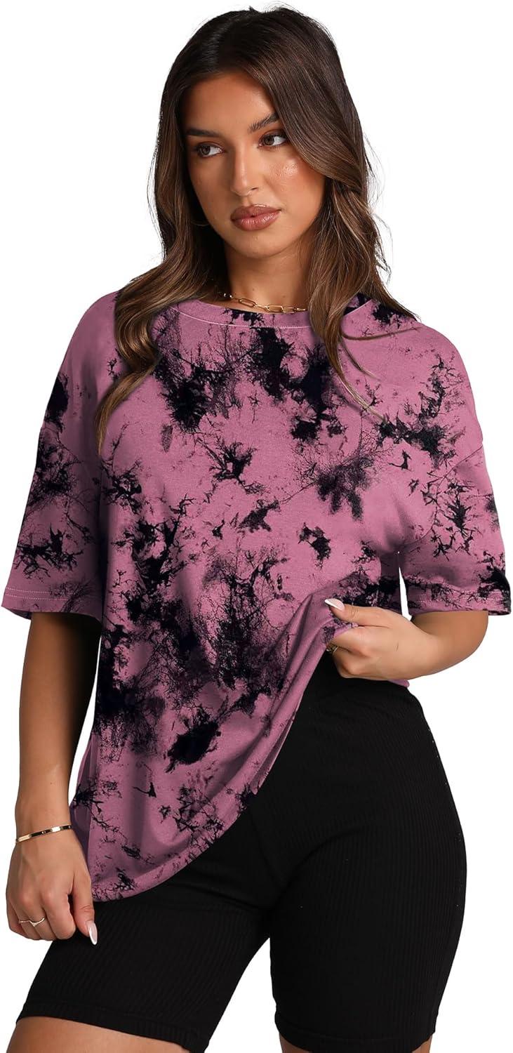 imageOversized T Shirts for Women Summer Crewneck Short Sleeve Basic Tops Loose FitGpink Tie Dye