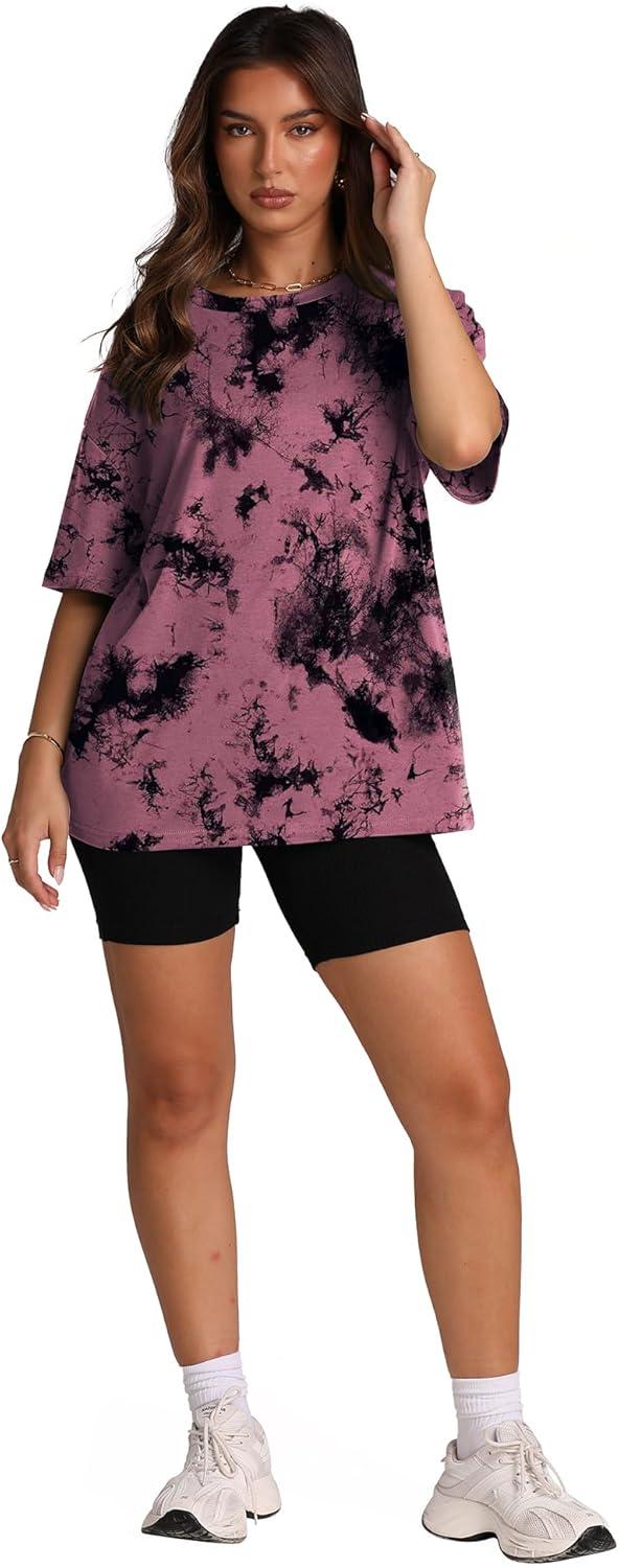imageOversized T Shirts for Women Summer Crewneck Short Sleeve Basic Tops Loose FitGpink Tie Dye