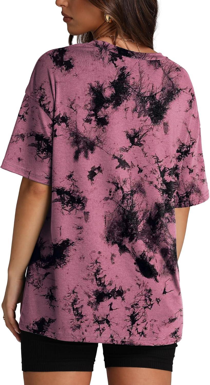 imageOversized T Shirts for Women Summer Crewneck Short Sleeve Basic Tops Loose FitGpink Tie Dye