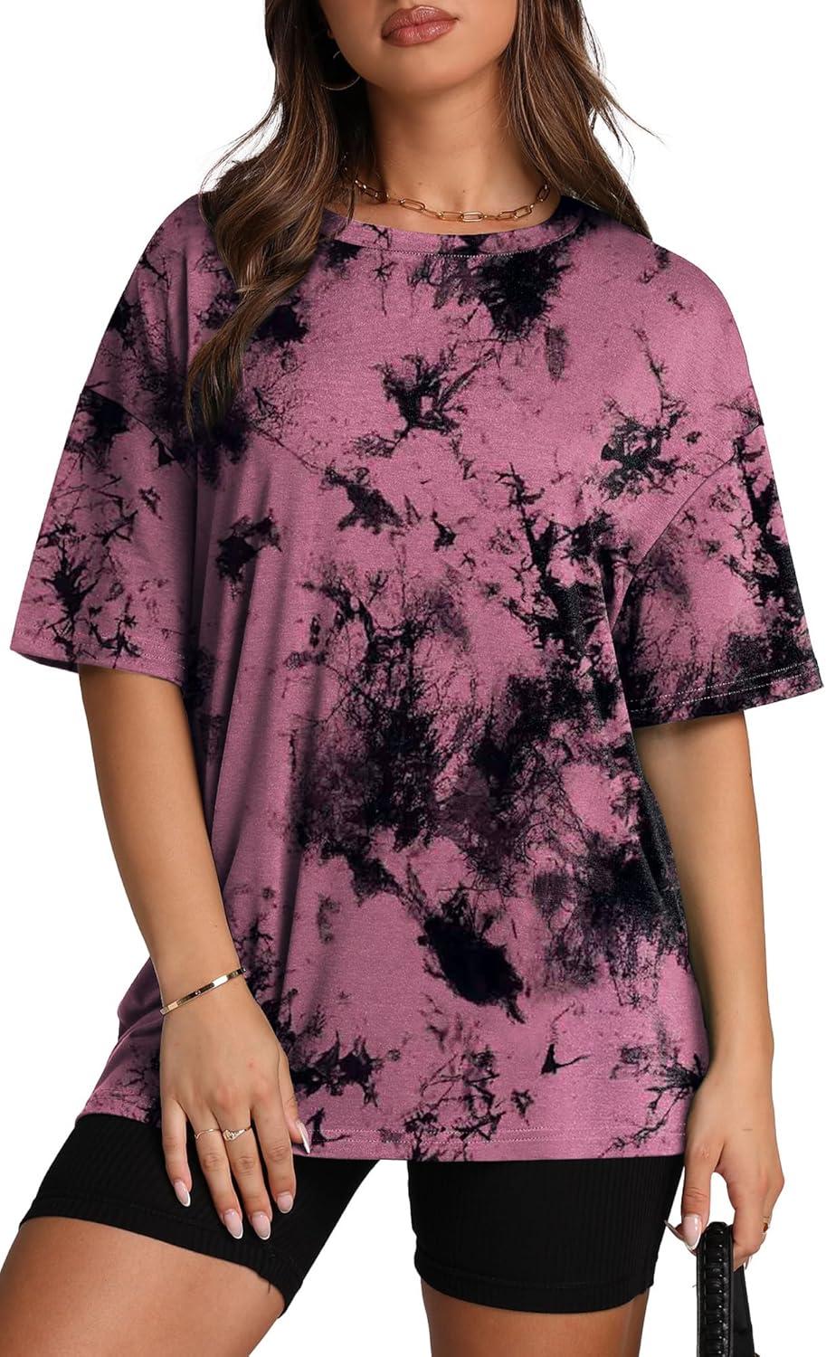 imageOversized T Shirts for Women Summer Crewneck Short Sleeve Basic Tops Loose FitGpink Tie Dye