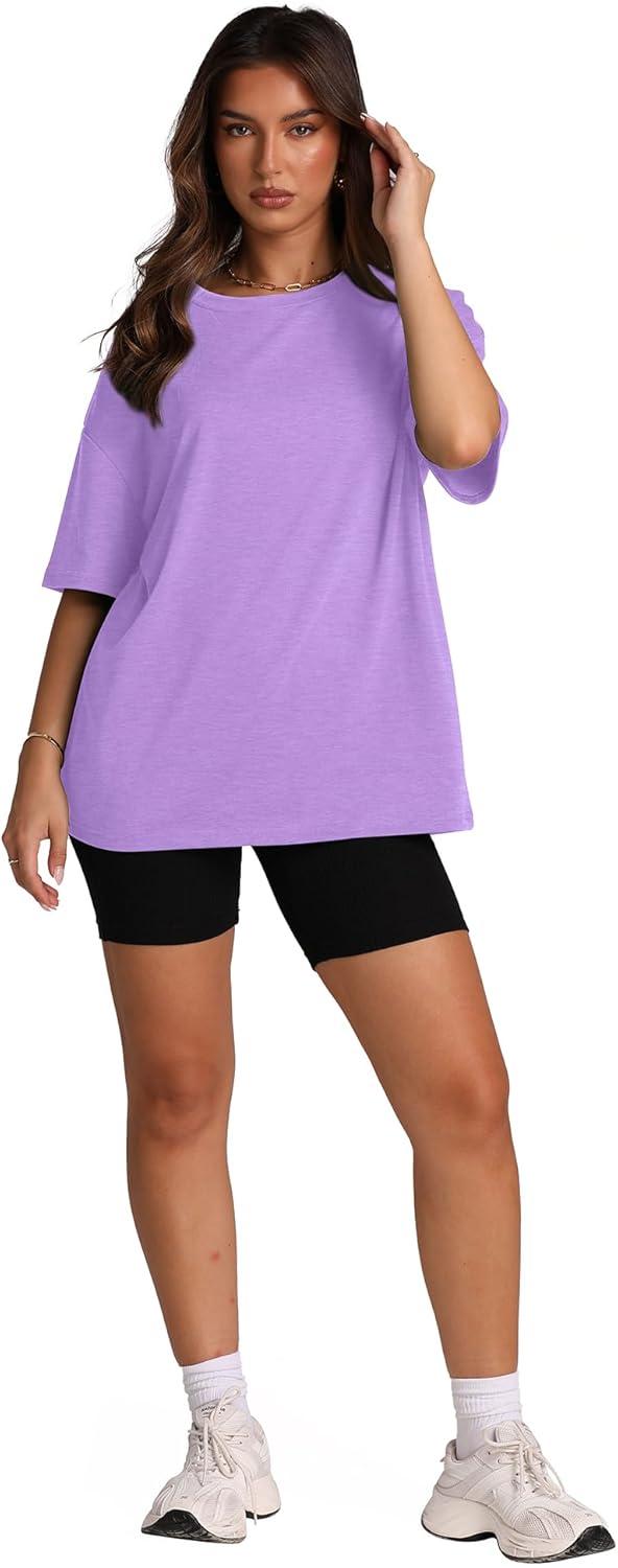 imageOversized T Shirts for Women Summer Crewneck Short Sleeve Basic Tops Loose FitKpurple