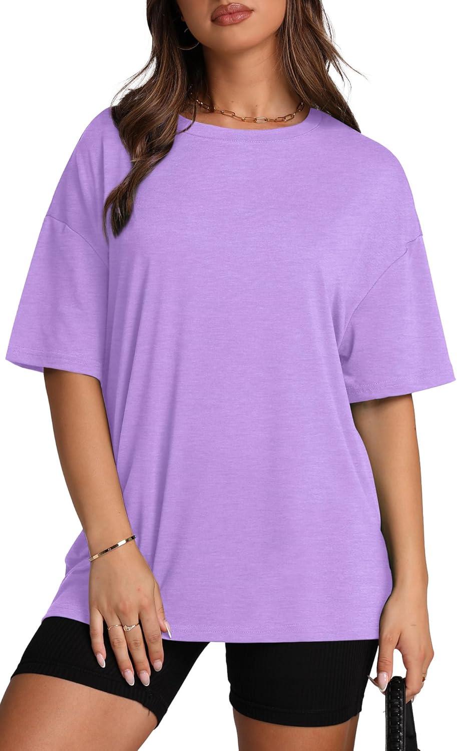 imageOversized T Shirts for Women Summer Crewneck Short Sleeve Basic Tops Loose FitKpurple