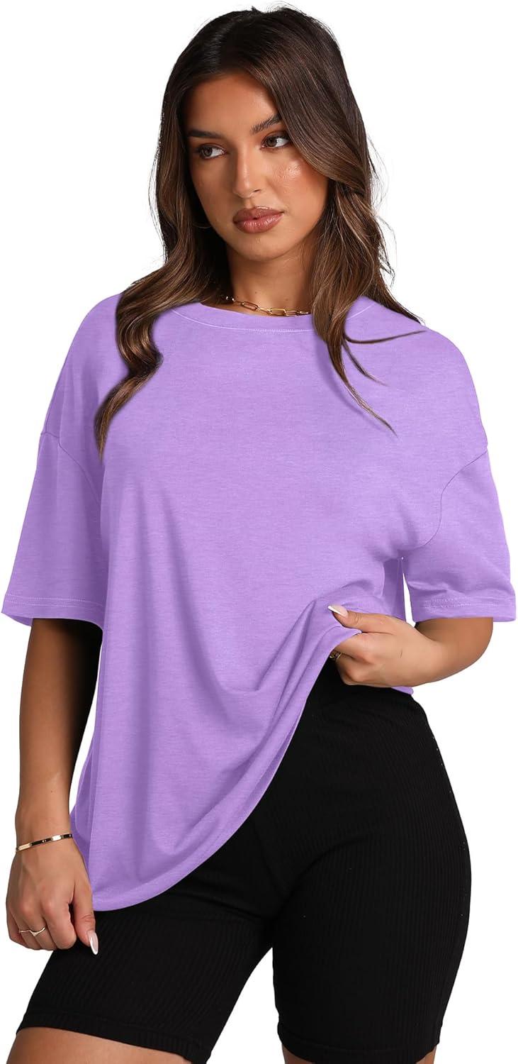 imageOversized T Shirts for Women Summer Crewneck Short Sleeve Basic Tops Loose FitKpurple