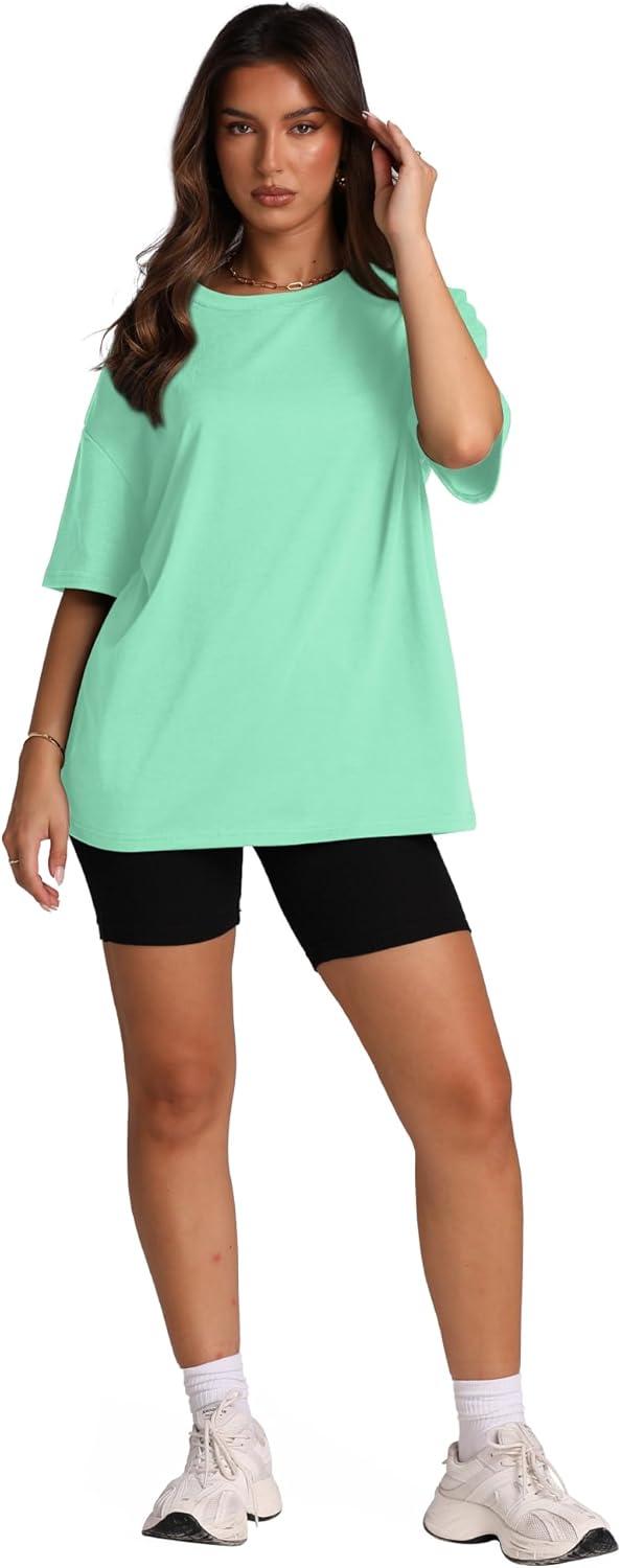 imageOversized T Shirts for Women Summer Crewneck Short Sleeve Basic Tops Loose FitLake Green
