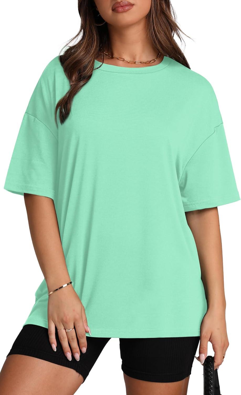 imageOversized T Shirts for Women Summer Crewneck Short Sleeve Basic Tops Loose FitLake Green