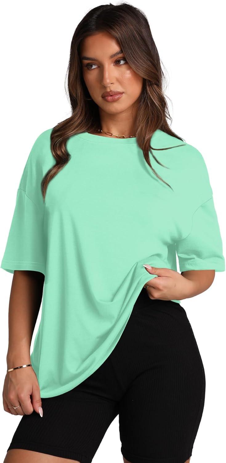 imageOversized T Shirts for Women Summer Crewneck Short Sleeve Basic Tops Loose FitLake Green