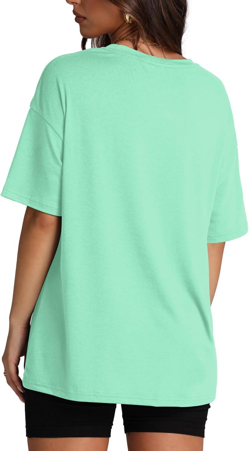 imageOversized T Shirts for Women Summer Crewneck Short Sleeve Basic Tops Loose FitLake Green