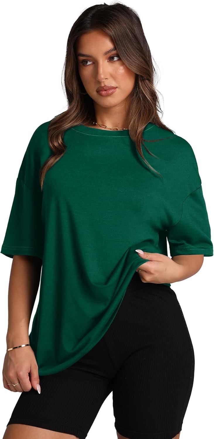 imageOversized T Shirts for Women Summer Crewneck Short Sleeve Basic Tops Loose FitLdark Green
