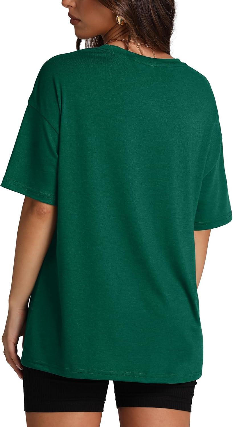 imageOversized T Shirts for Women Summer Crewneck Short Sleeve Basic Tops Loose FitLdark Green
