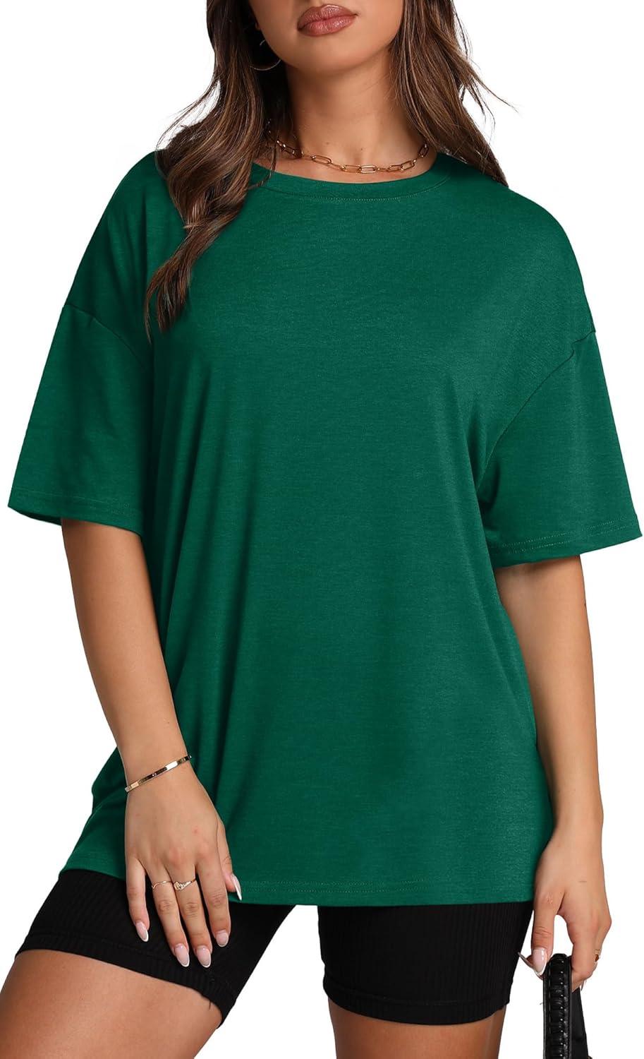imageOversized T Shirts for Women Summer Crewneck Short Sleeve Basic Tops Loose FitLdark Green