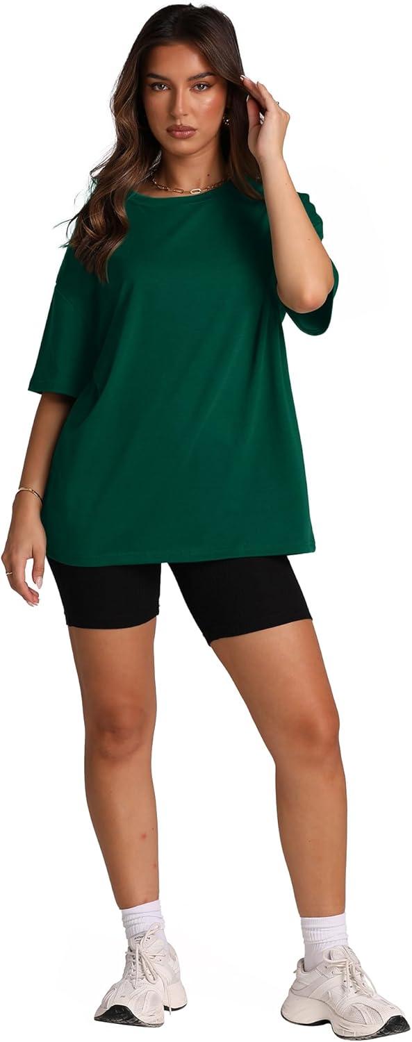 imageOversized T Shirts for Women Summer Crewneck Short Sleeve Basic Tops Loose FitLdark Green