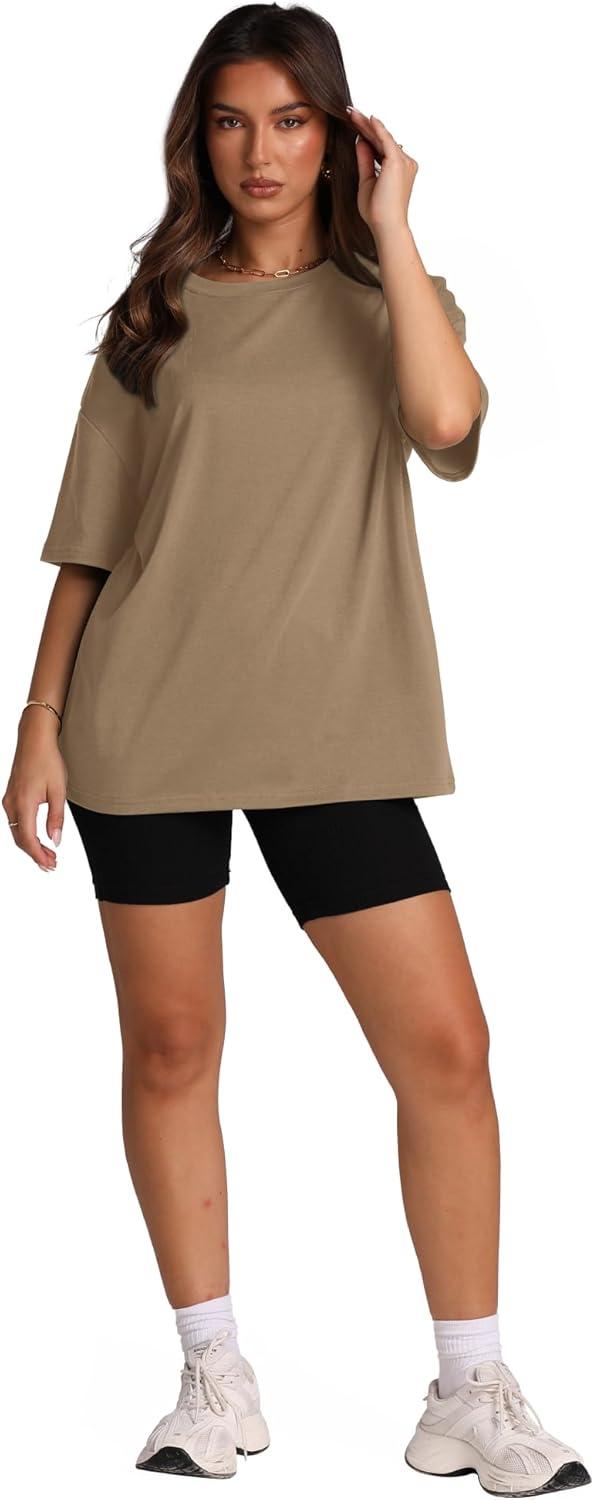 imageOversized T Shirts for Women Summer Crewneck Short Sleeve Basic Tops Loose FitLight Coffee