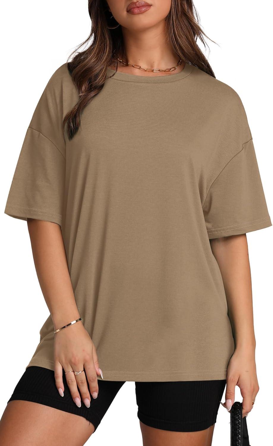 imageOversized T Shirts for Women Summer Crewneck Short Sleeve Basic Tops Loose FitLight Coffee
