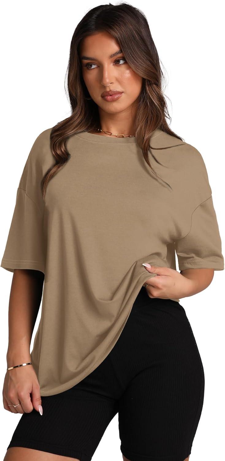 imageOversized T Shirts for Women Summer Crewneck Short Sleeve Basic Tops Loose FitLight Coffee