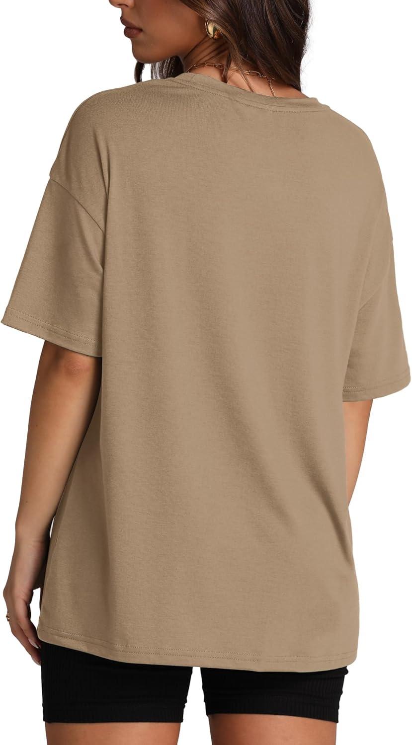 imageOversized T Shirts for Women Summer Crewneck Short Sleeve Basic Tops Loose FitLight Coffee