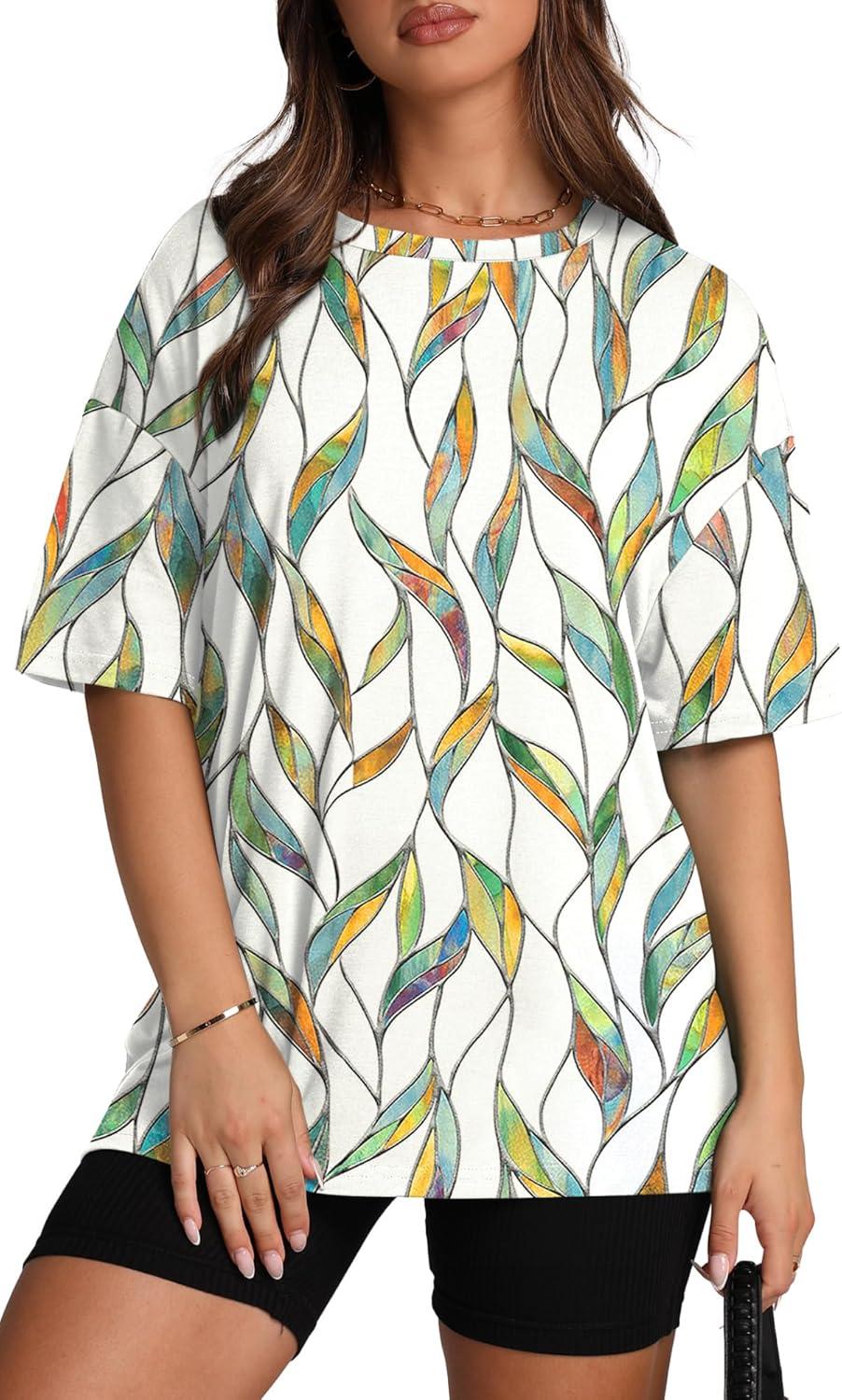 imageOversized T Shirts for Women Summer Crewneck Short Sleeve Basic Tops Loose FitMulti Leaf