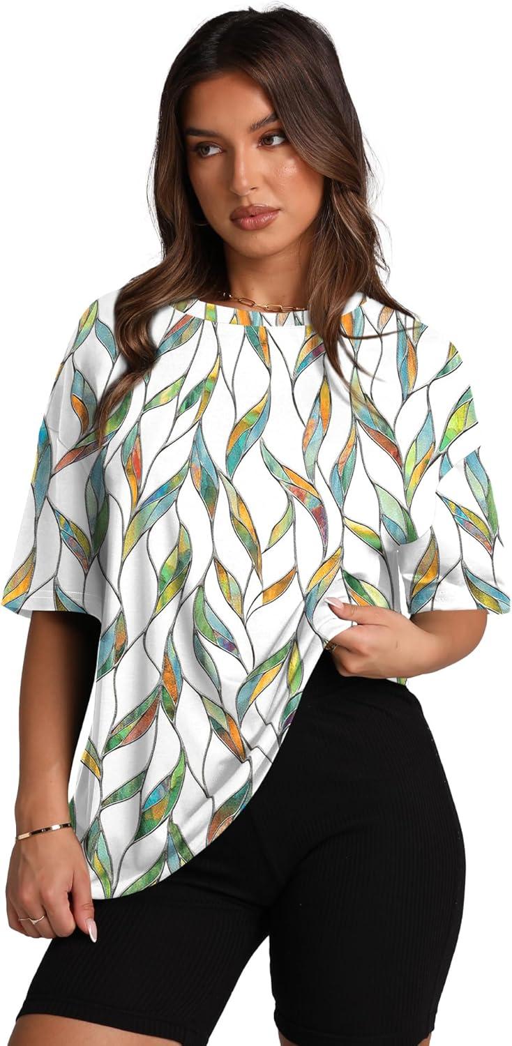 imageOversized T Shirts for Women Summer Crewneck Short Sleeve Basic Tops Loose FitMulti Leaf
