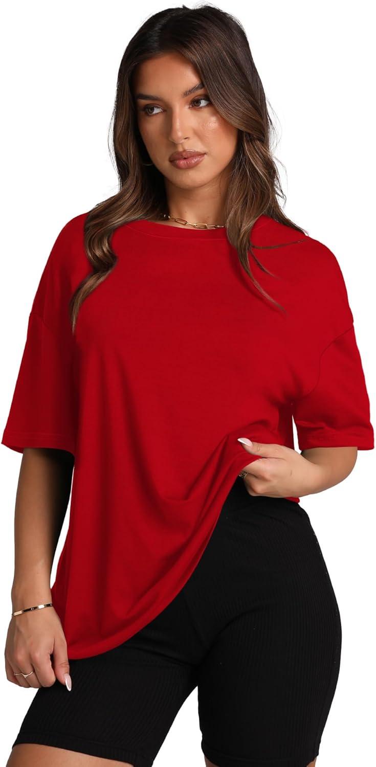 imageOversized T Shirts for Women Summer Crewneck Short Sleeve Basic Tops Loose FitRed
