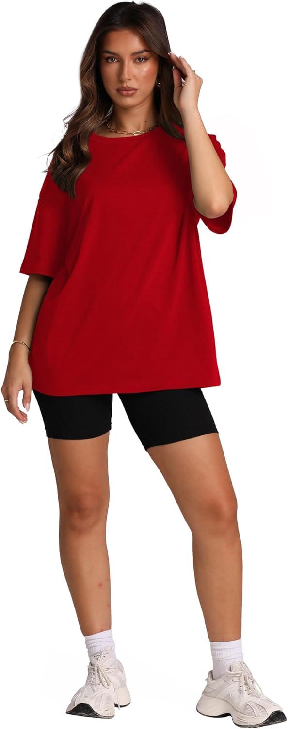 imageOversized T Shirts for Women Summer Crewneck Short Sleeve Basic Tops Loose FitRed