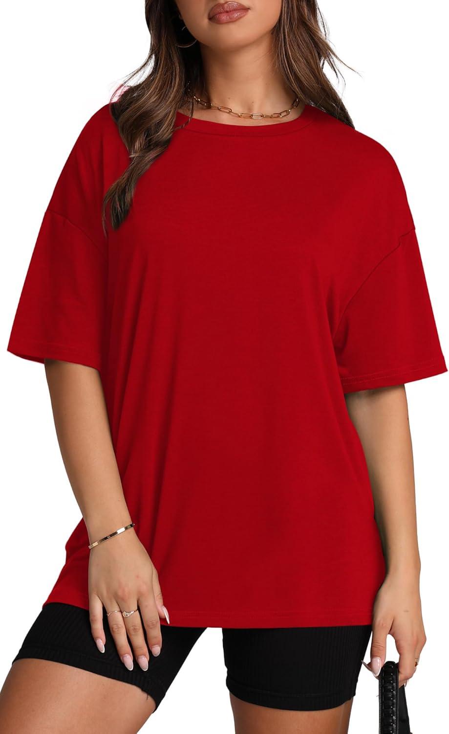 imageOversized T Shirts for Women Summer Crewneck Short Sleeve Basic Tops Loose FitRed