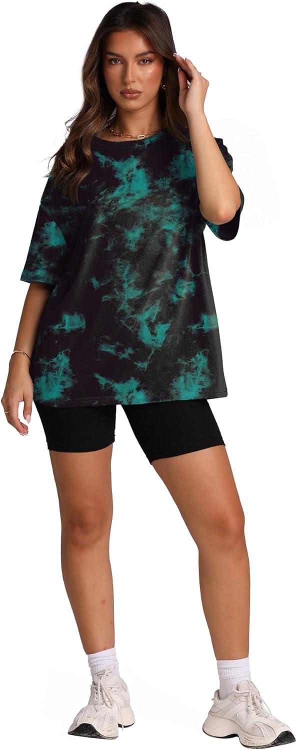 imageOversized T Shirts for Women Summer Crewneck Short Sleeve Basic Tops Loose FitTie Dye Blue