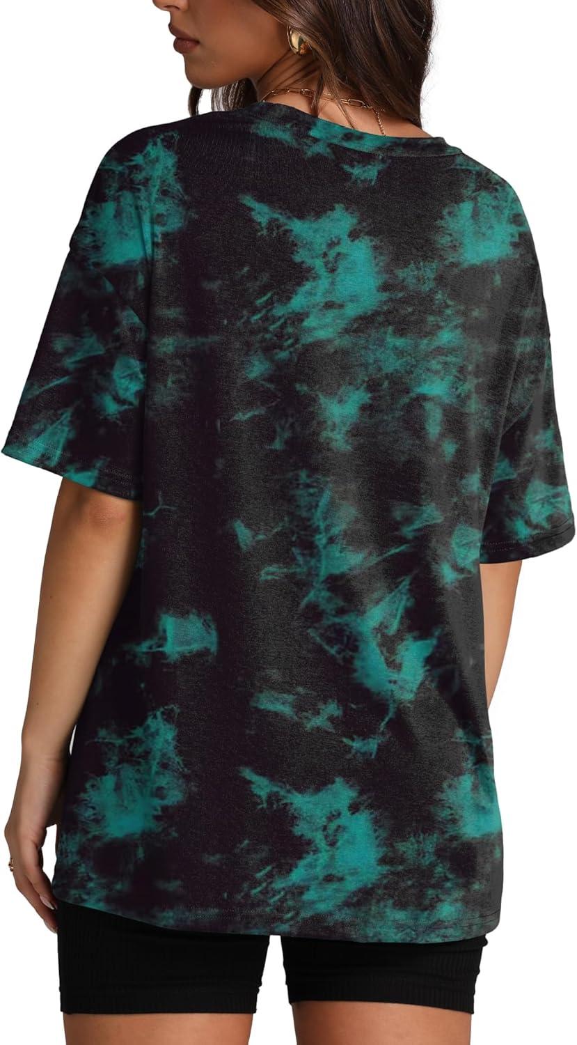 imageOversized T Shirts for Women Summer Crewneck Short Sleeve Basic Tops Loose FitTie Dye Blue