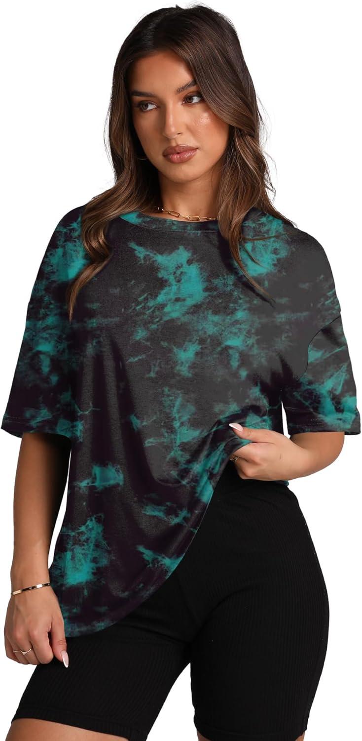 imageOversized T Shirts for Women Summer Crewneck Short Sleeve Basic Tops Loose FitTie Dye Blue