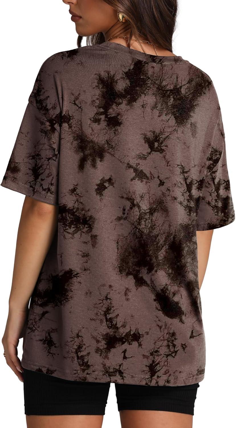 imageOversized T Shirts for Women Summer Crewneck Short Sleeve Basic Tops Loose FitTie Dye Brown