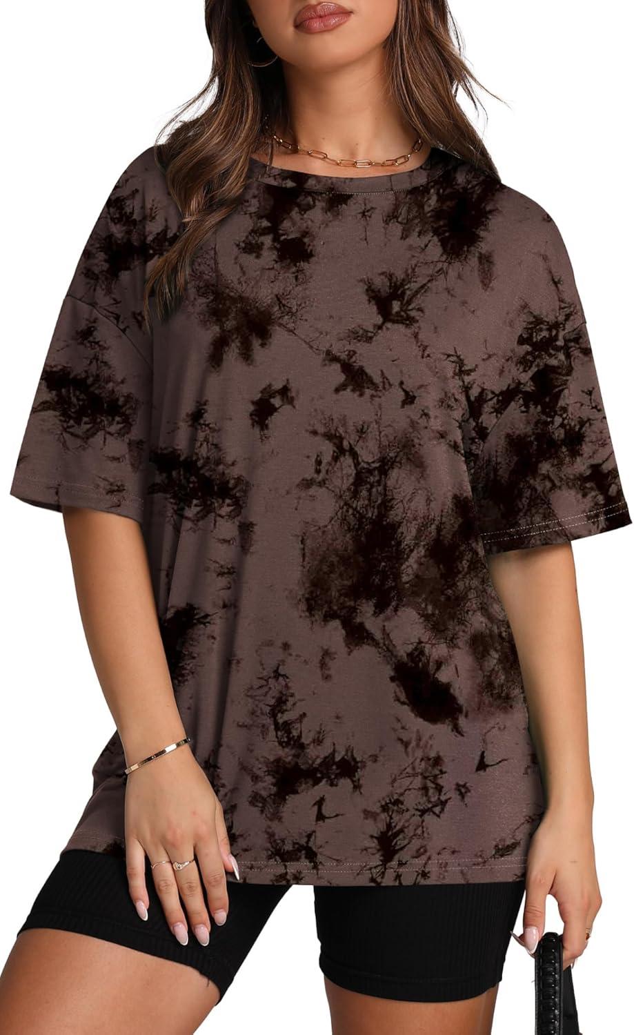 imageOversized T Shirts for Women Summer Crewneck Short Sleeve Basic Tops Loose FitTie Dye Brown