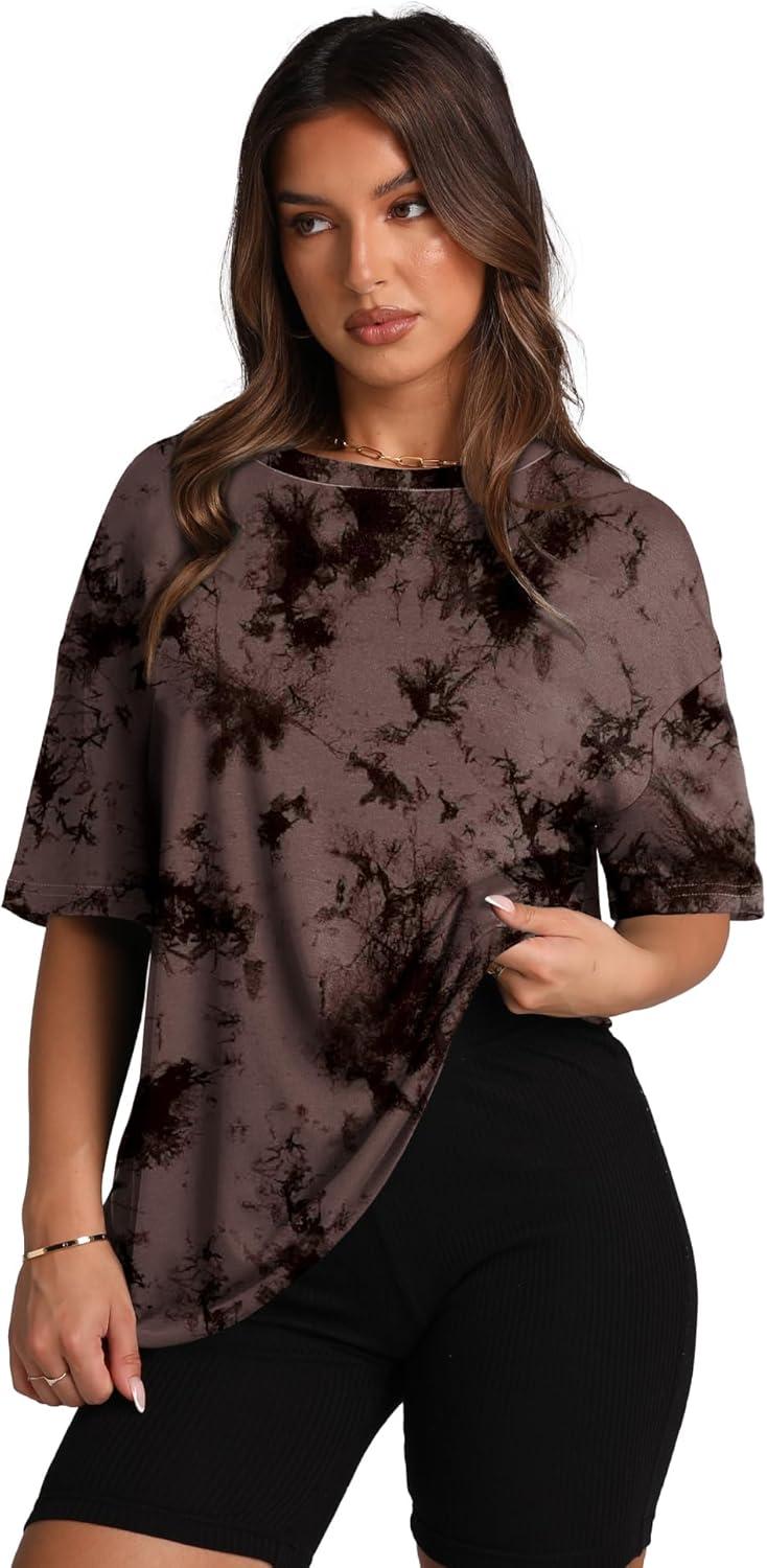 imageOversized T Shirts for Women Summer Crewneck Short Sleeve Basic Tops Loose FitTie Dye Brown