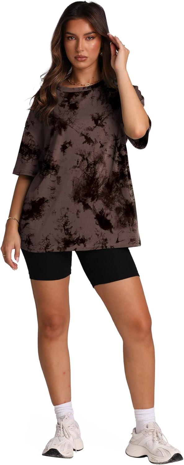 imageOversized T Shirts for Women Summer Crewneck Short Sleeve Basic Tops Loose FitTie Dye Brown