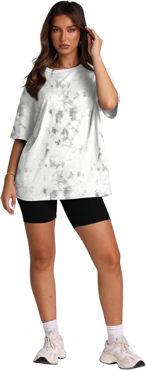 imageOversized T Shirts for Women Summer Crewneck Short Sleeve Basic Tops Loose FitTie Dye White