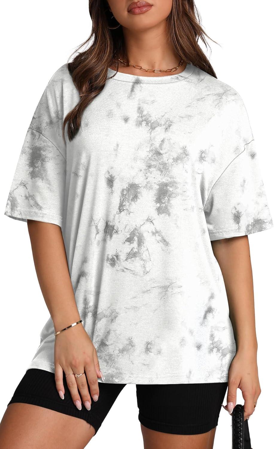 imageOversized T Shirts for Women Summer Crewneck Short Sleeve Basic Tops Loose FitTie Dye White
