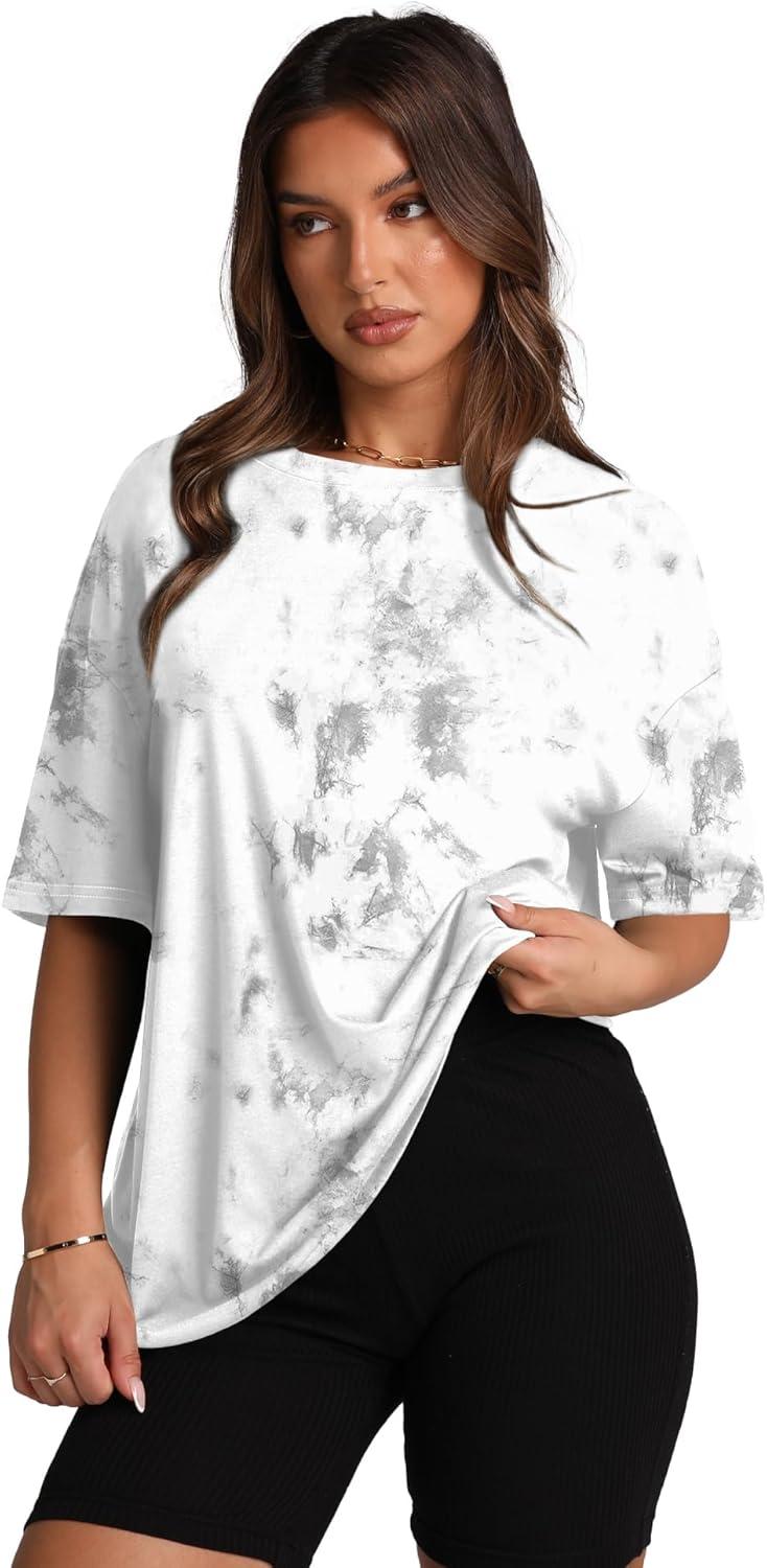 imageOversized T Shirts for Women Summer Crewneck Short Sleeve Basic Tops Loose FitTie Dye White