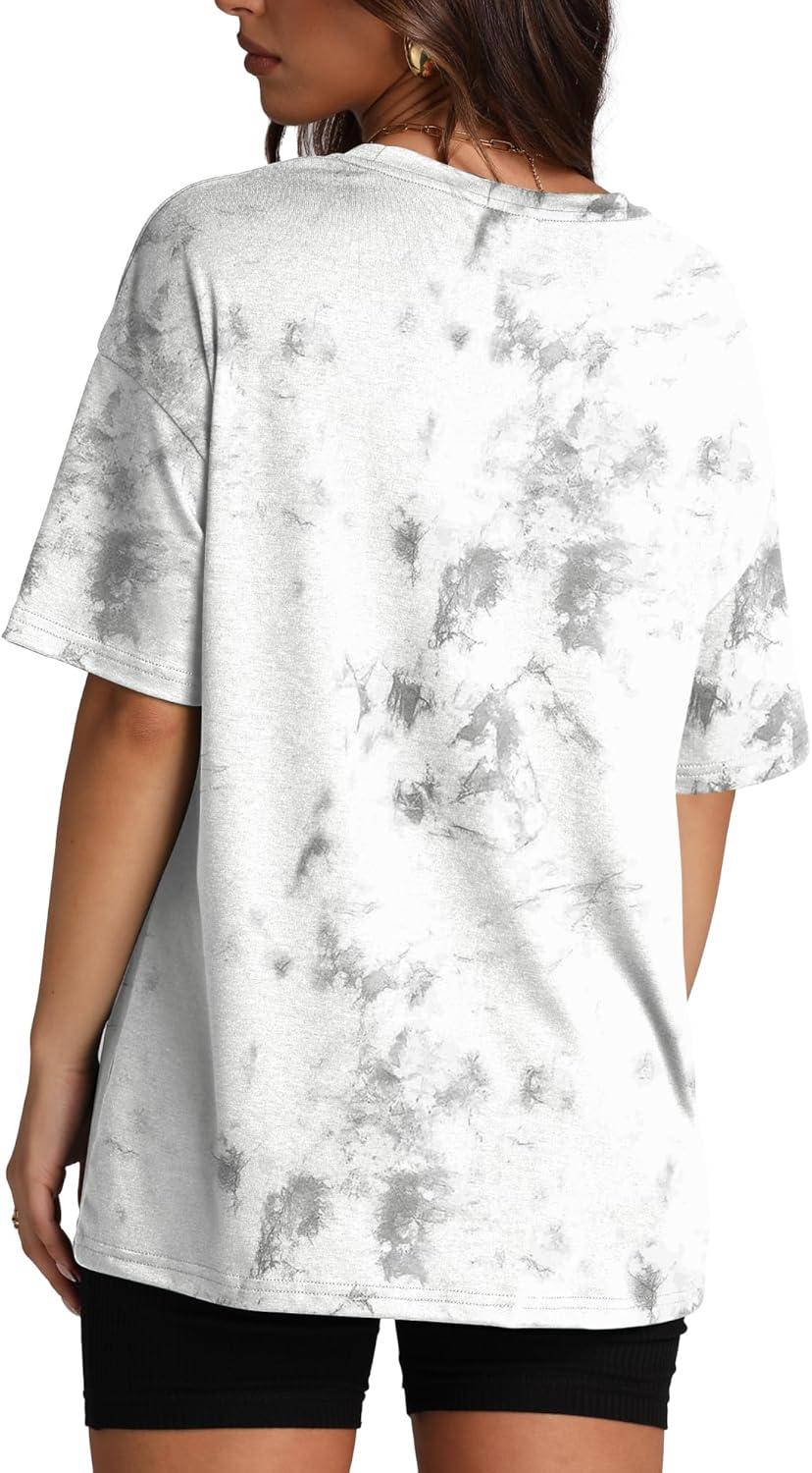 imageOversized T Shirts for Women Summer Crewneck Short Sleeve Basic Tops Loose FitTie Dye White