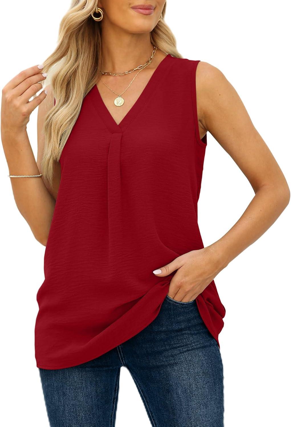 imageSummer Tops for Women 2023 Basic V Neck Tank Tops Elegant Office Work Blouse Red XL