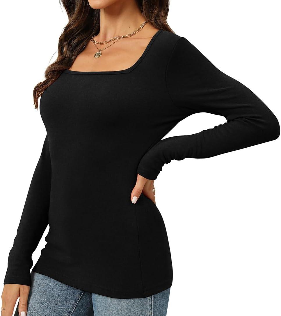 imageWomens Long Sleeve Square Neck Tops 2024 Fashion Slim Fit Tees ShirtsBlack
