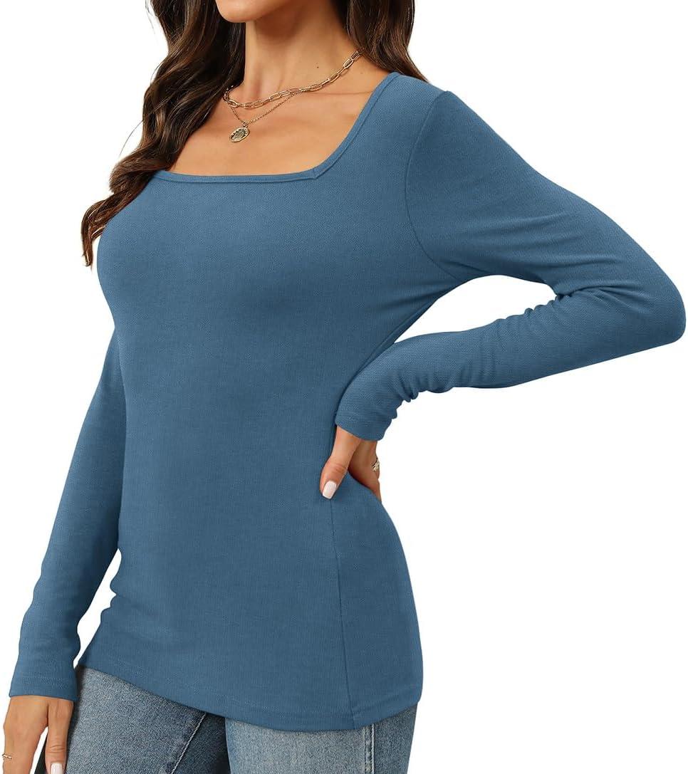 imageWomens Long Sleeve Square Neck Tops 2024 Fashion Slim Fit Tees ShirtsBlue