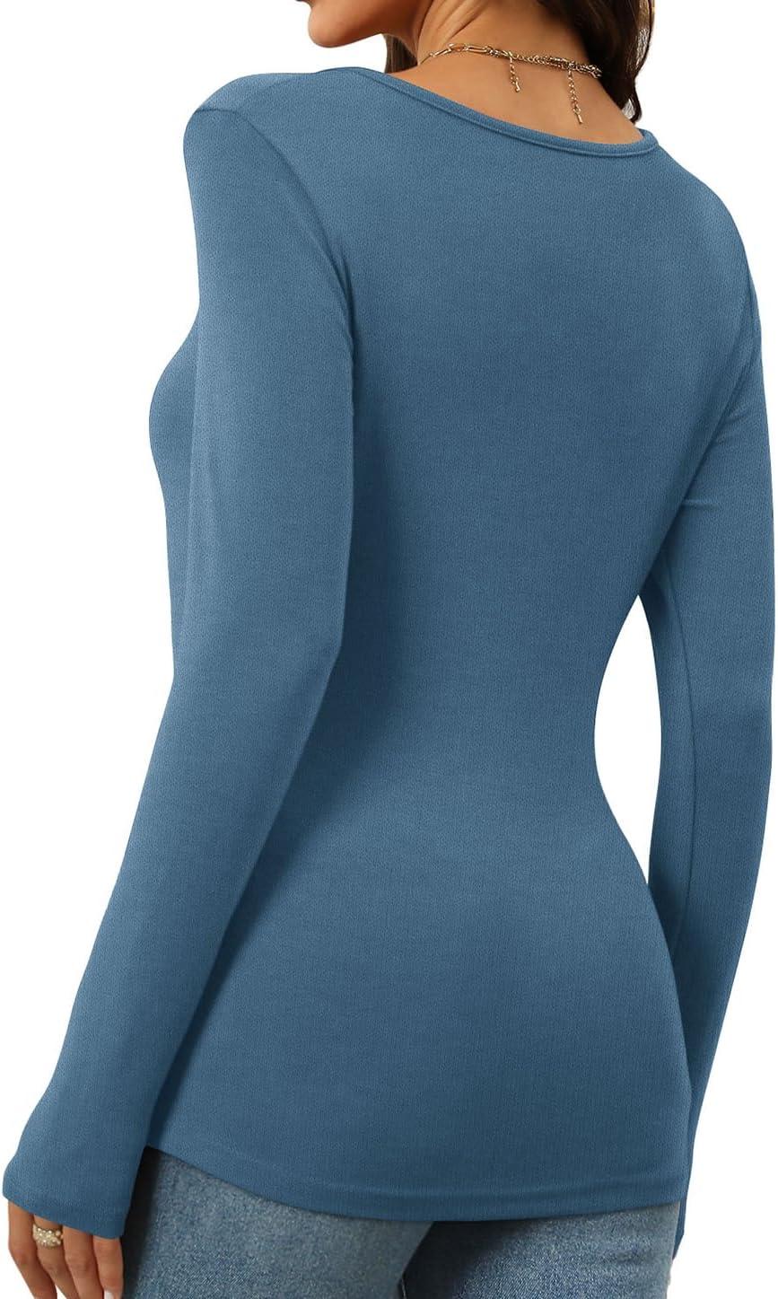 imageWomens Long Sleeve Square Neck Tops 2024 Fashion Slim Fit Tees ShirtsBlue